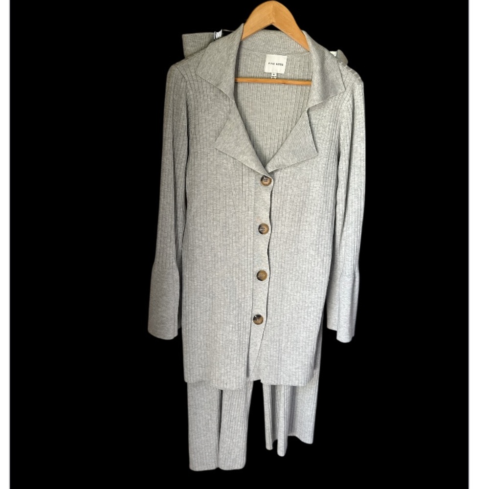 Pink rose set Gray Ribbed Button-Up Cardigan & Pants knit cozy soft stretch xl